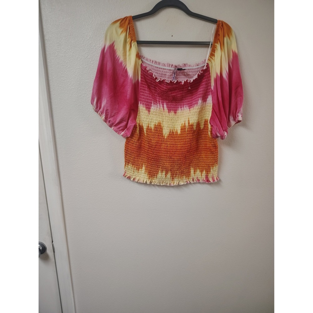 Love By Design Womens 3X Tie Dye Smocked Puff Sleeveโ Boho Blouse Pink Orange